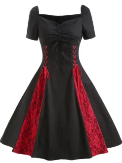 Hot Retro Stage 1980s Halloween Lace Patchwork Swing Dress