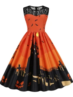 Hot Retro Stage 1950s Halloween Lace Patchwork Sleeveless Dress