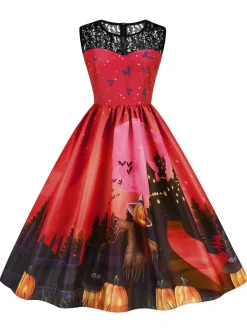 Hot Retro Stage 1950s Halloween Lace Patchwork Sleeveless Dress