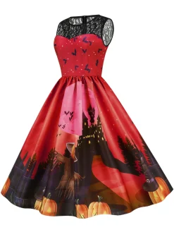 Hot Retro Stage 1950s Halloween Lace Patchwork Sleeveless Dress