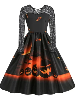 Outlet Retro Stage 1950s Halloween Lace Sleeves Patchwork Dress