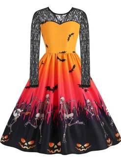 Outlet Retro Stage 1950s Halloween Lace Sleeves Patchwork Dress