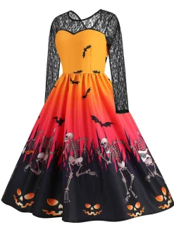 Outlet Retro Stage 1950s Halloween Lace Sleeves Patchwork Dress