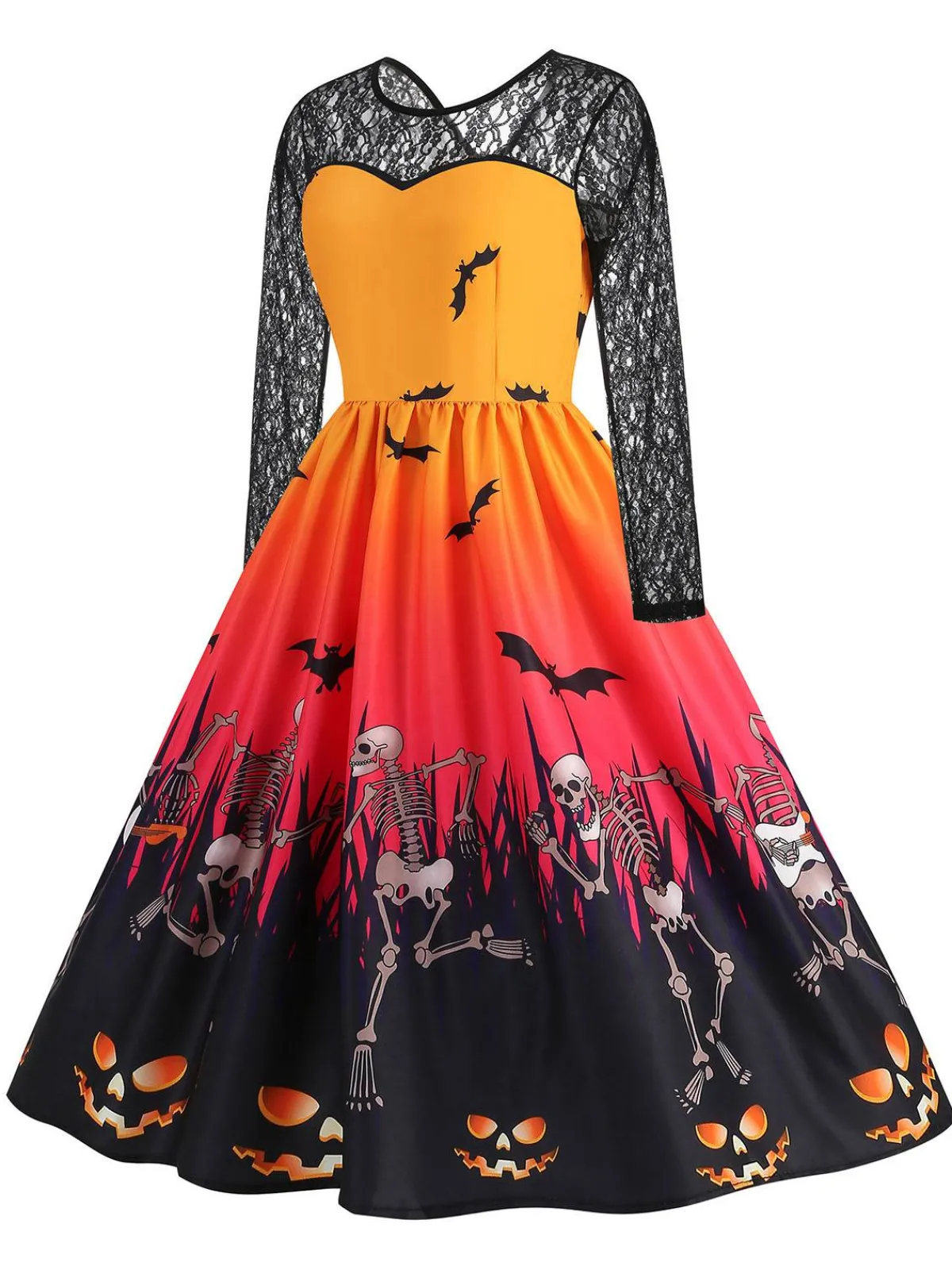 Outlet Retro Stage 1950s Halloween Lace Sleeves Patchwork Dress