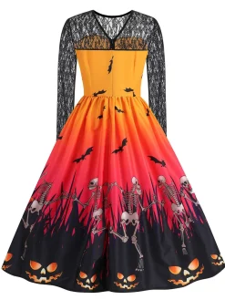 Outlet Retro Stage 1950s Halloween Lace Sleeves Patchwork Dress