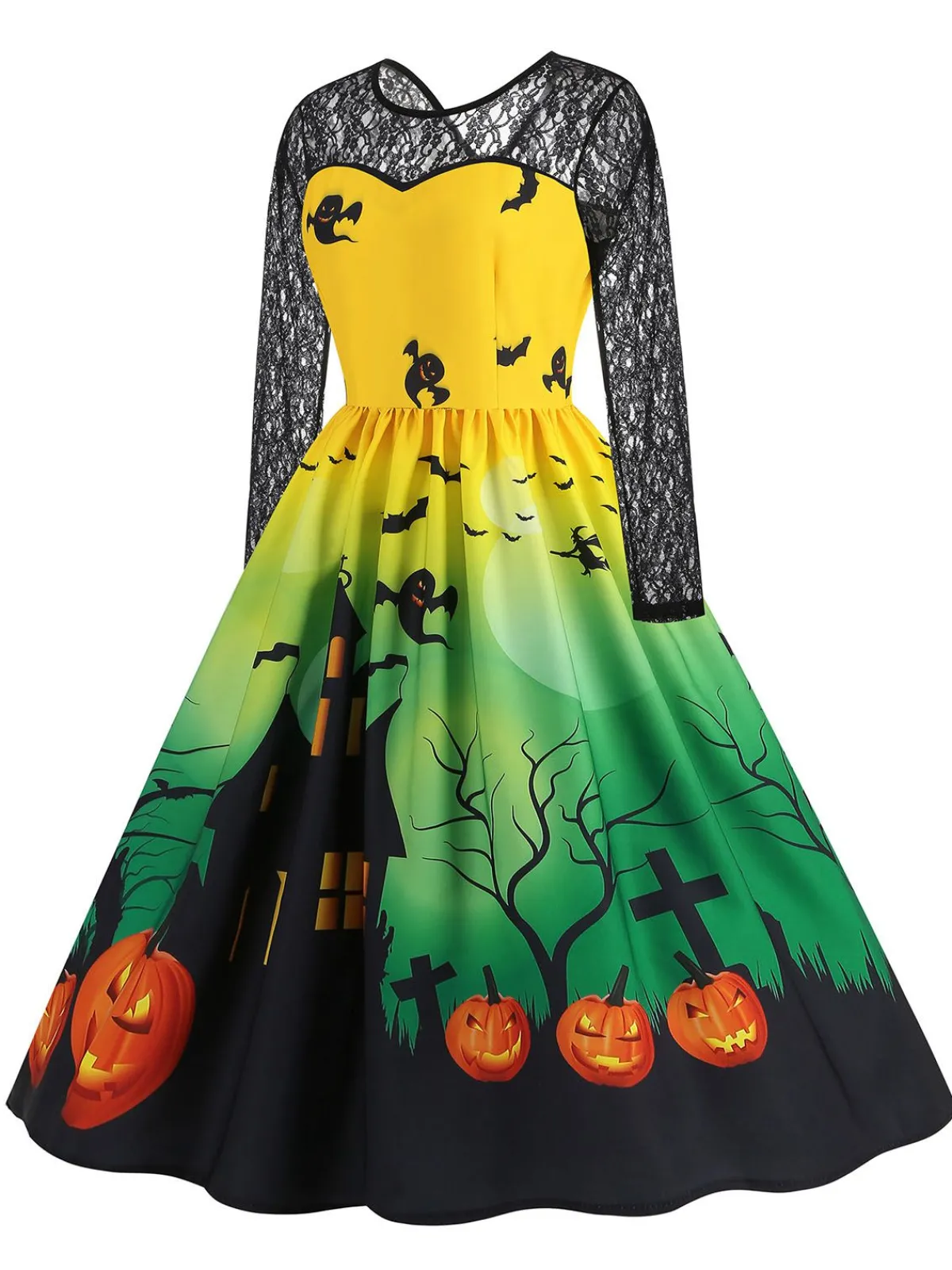 Outlet Retro Stage 1950s Halloween Lace Sleeves Patchwork Dress