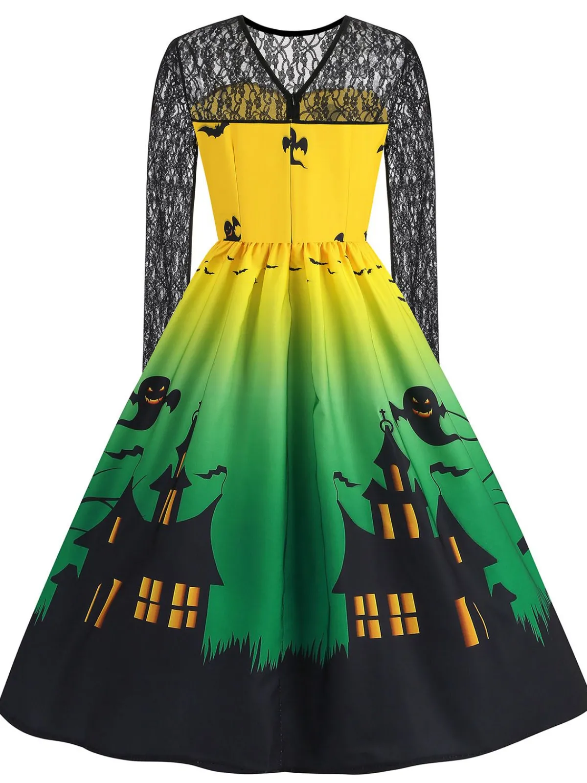Outlet Retro Stage 1950s Halloween Lace Sleeves Patchwork Dress