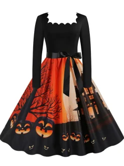 Fashion Retro Stage 1950s Halloween Patchwork Long Sleeves Dress