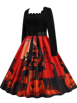 Fashion Retro Stage 1950s Halloween Patchwork Long Sleeves Dress