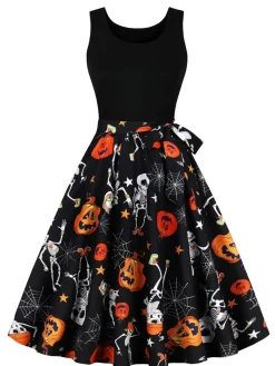 Online Retro Stage 1950s Halloween Patchwork Sleeveless Dress
