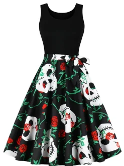 Online Retro Stage 1950s Halloween Patchwork Sleeveless Dress