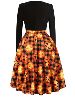 New Retro Stage 1950s Halloween Pattern Wave Neck Patchwork Dress