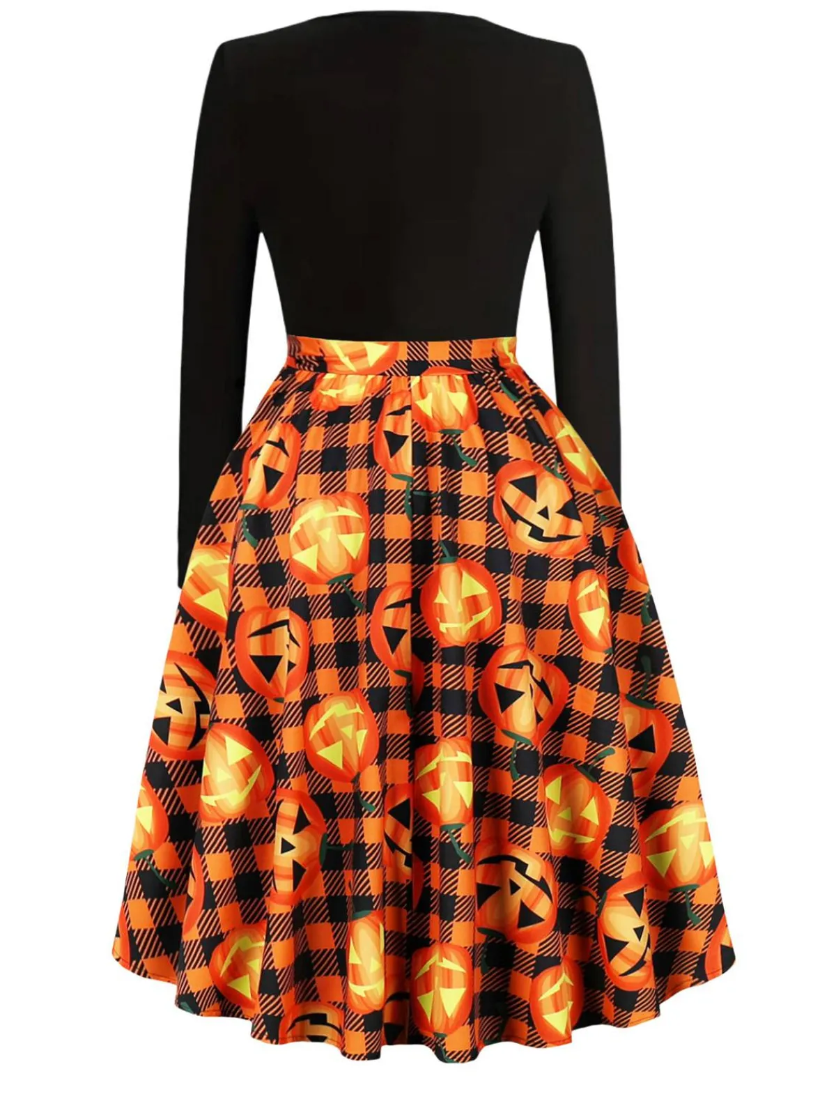 New Retro Stage 1950s Halloween Pattern Wave Neck Patchwork Dress