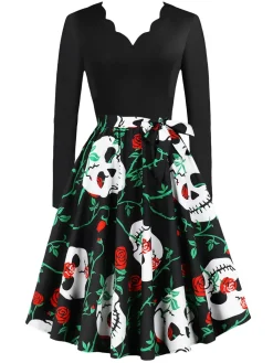 New Retro Stage 1950s Halloween Pattern Wave Neck Patchwork Dress