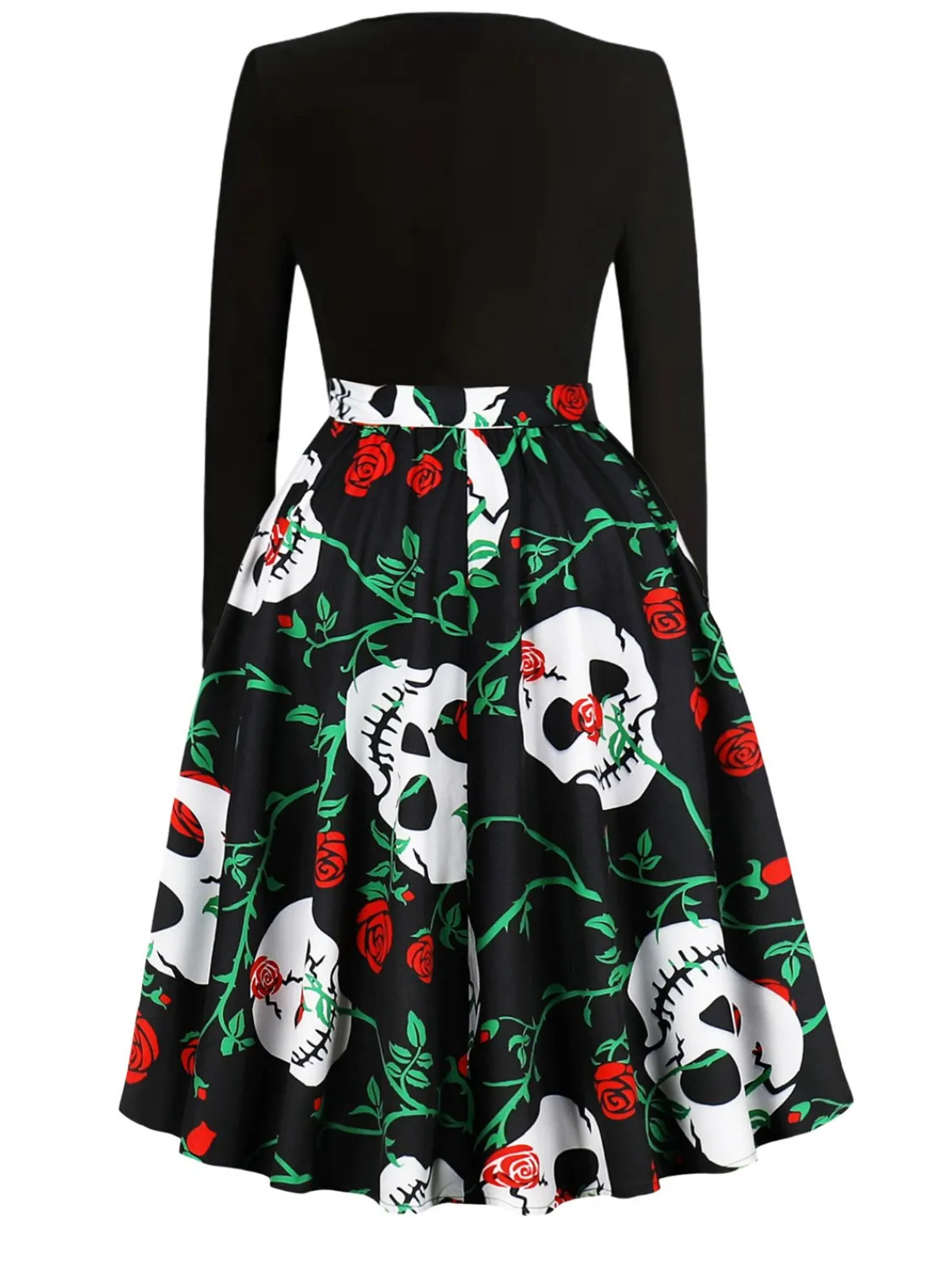 New Retro Stage 1950s Halloween Pattern Wave Neck Patchwork Dress