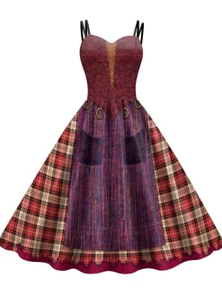 Outlet Retro Stage 1950s Halloween Plaid Double Straps Dress Multicolor