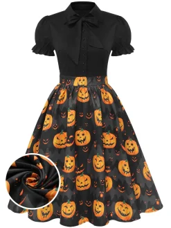 Online Retro Stage 1950s Halloween Pumpkin Bow Tie Dress Black