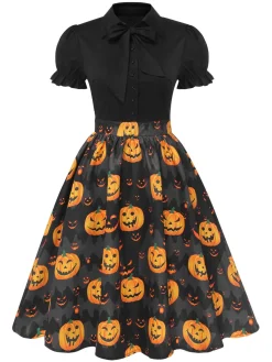 Online Retro Stage 1950s Halloween Pumpkin Bow Tie Dress Black