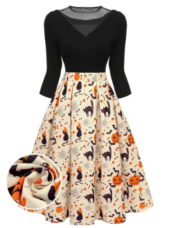 Best Retro Stage 1950s Halloween Pumpkin Cat Knitted Top Patchwork Dress Beige