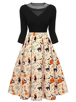 Best Retro Stage 1950s Halloween Pumpkin Cat Knitted Top Patchwork Dress Beige
