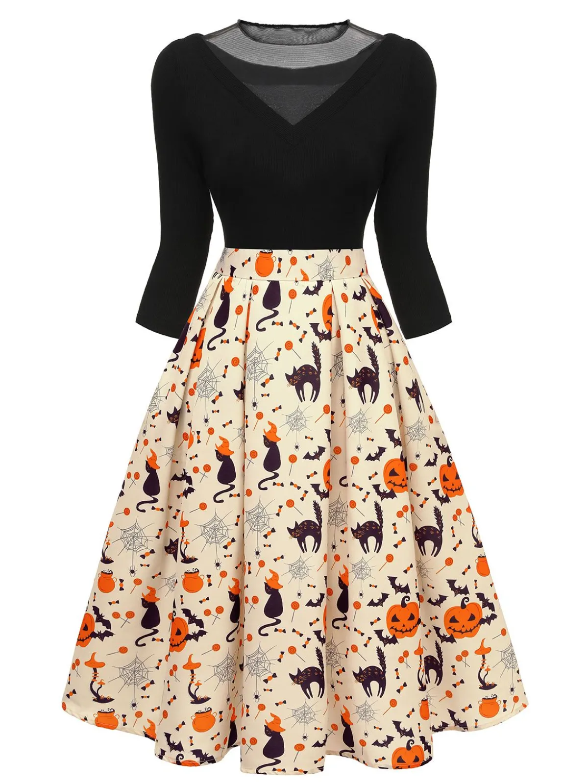 Best Retro Stage 1950s Halloween Pumpkin Cat Knitted Top Patchwork Dress Beige