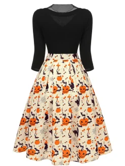 Best Retro Stage 1950s Halloween Pumpkin Cat Knitted Top Patchwork Dress Beige