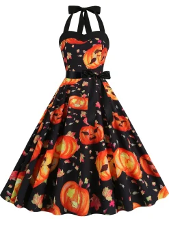 Hot Retro Stage 1950s Halloween Pumpkin Face Halter Dress