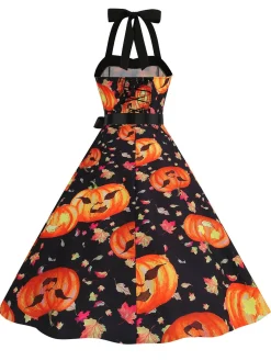 Hot Retro Stage 1950s Halloween Pumpkin Face Halter Dress