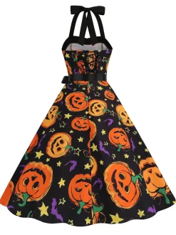 Hot Retro Stage 1950s Halloween Pumpkin Face Halter Dress