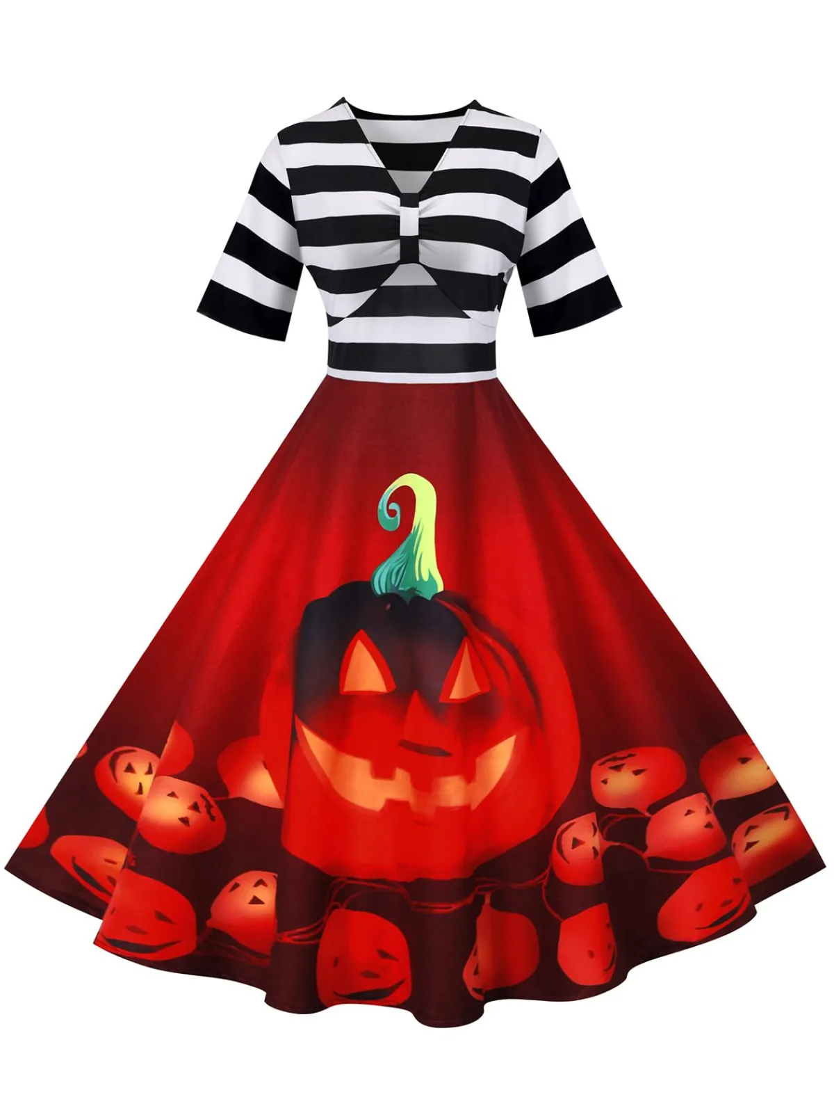 New Retro Stage 1950s Halloween Pumpkin Striped Patchwork Dress