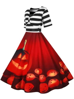 New Retro Stage 1950s Halloween Pumpkin Striped Patchwork Dress