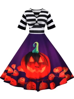 New Retro Stage 1950s Halloween Pumpkin Striped Patchwork Dress