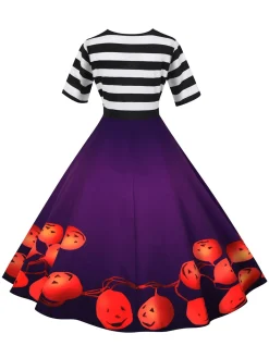 New Retro Stage 1950s Halloween Pumpkin Striped Patchwork Dress