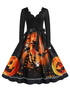 Outlet Retro Stage 1950s Halloween Pumpkin V-Neck Hepburn Dress Black