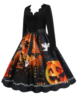 Outlet Retro Stage 1950s Halloween Pumpkin V-Neck Hepburn Dress Black
