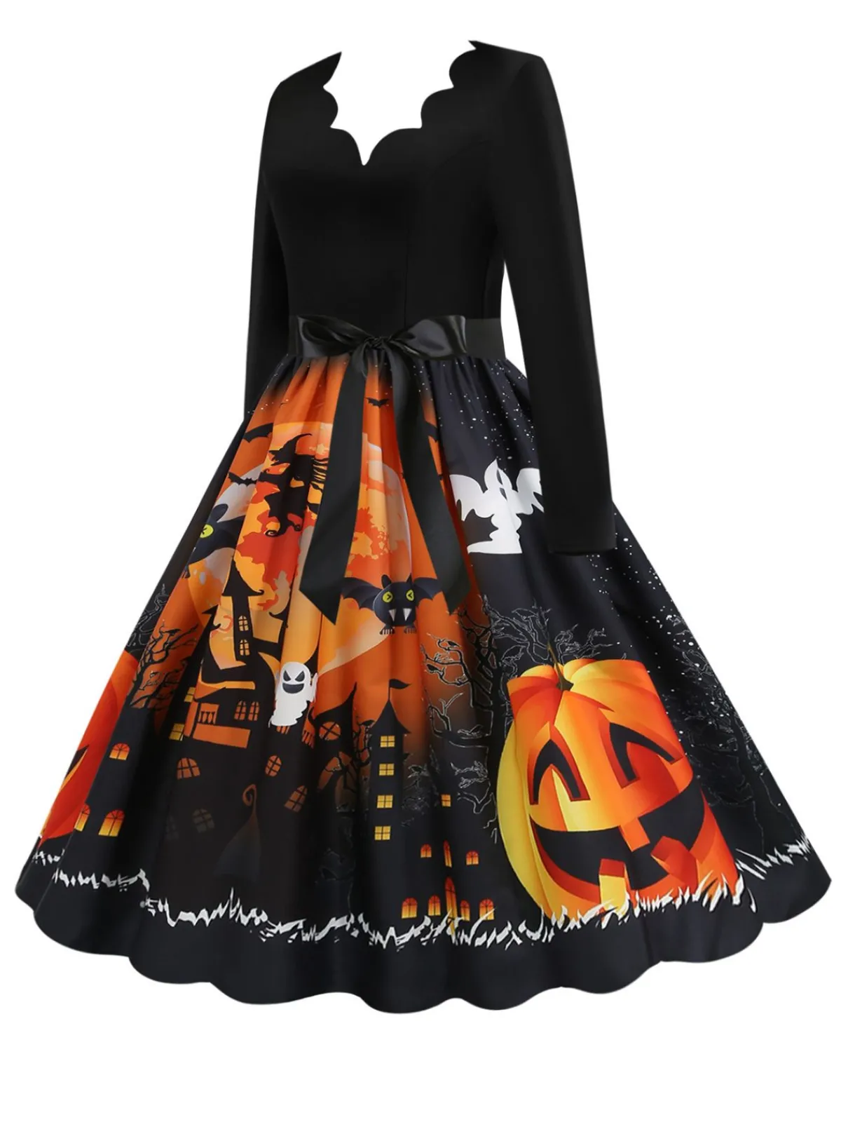 Outlet Retro Stage 1950s Halloween Pumpkin V-Neck Hepburn Dress Black