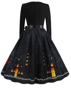 Outlet Retro Stage 1950s Halloween Pumpkin V-Neck Hepburn Dress Black