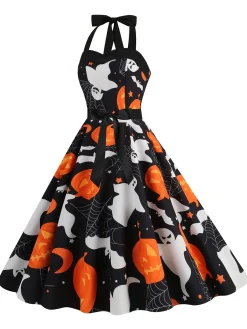 Hot Retro Stage 1950s Halloween Skull Halter Lace-Up Dress