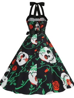 Hot Retro Stage 1950s Halloween Skull Halter Lace-Up Dress