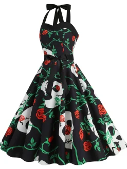 Hot Retro Stage 1950s Halloween Skull Halter Lace-Up Dress