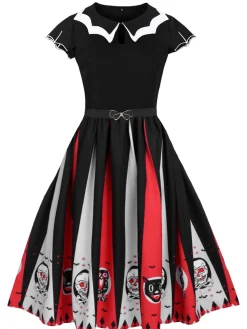 Best Retro Stage 1950s Halloween Skull Owl Patchwork Dress Black