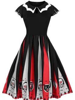 Best Retro Stage 1950s Halloween Skull Owl Patchwork Dress Black
