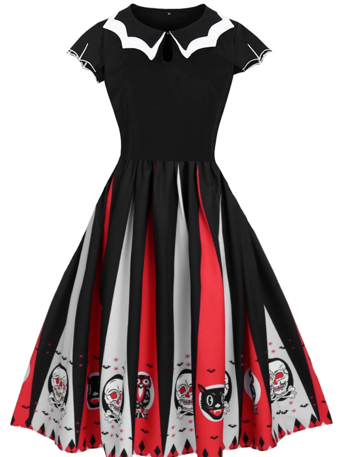 Best Retro Stage 1950s Halloween Skull Owl Patchwork Dress Black