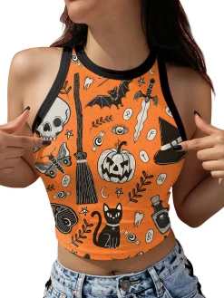 Clearance Retro Stage 1960s Halloween Skull Pumpkin Crop Sleeveless Top