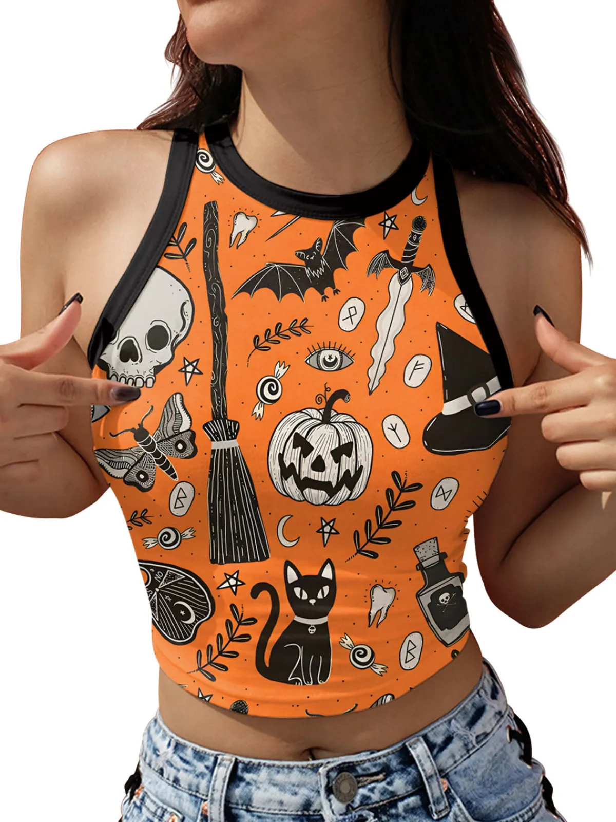 Clearance Retro Stage 1960s Halloween Skull Pumpkin Crop Sleeveless Top