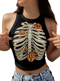 Clearance Retro Stage 1960s Halloween Skull Pumpkin Crop Sleeveless Top