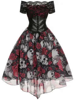 Best Retro Stage 1950s Halloween Skull Rose Lace Mesh Dress Black