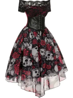 Best Retro Stage 1950s Halloween Skull Rose Lace Mesh Dress Black