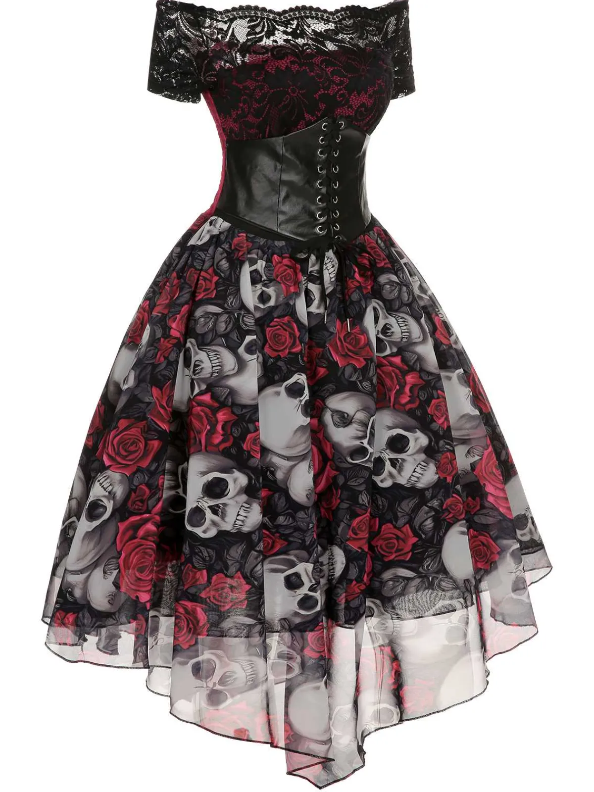 Best Retro Stage 1950s Halloween Skull Rose Lace Mesh Dress Black