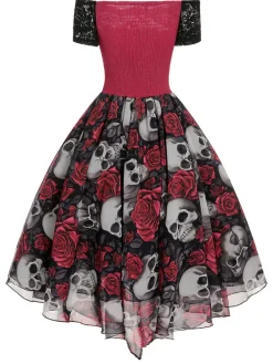 Best Retro Stage 1950s Halloween Skull Rose Lace Mesh Dress Black